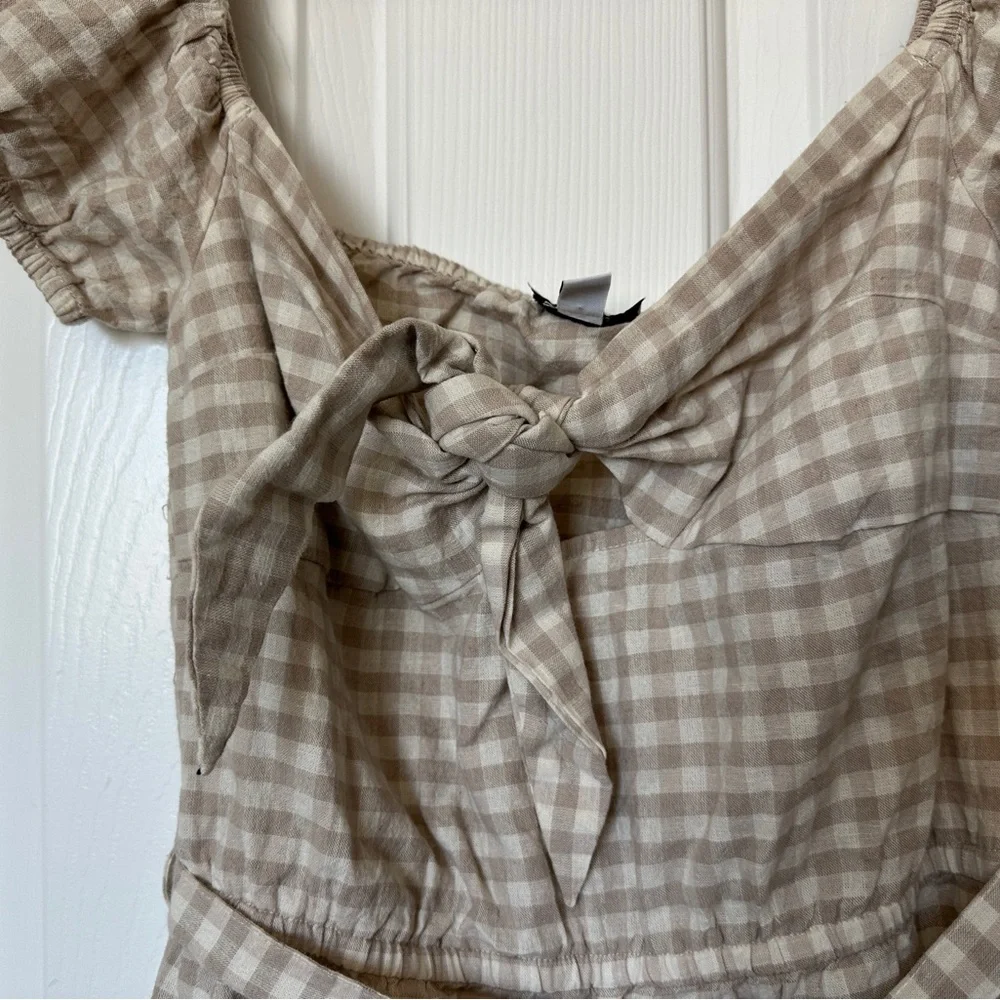 Topshop Gingham Bardot White/Tan Off-Shoulder Women’s Romper Size 4